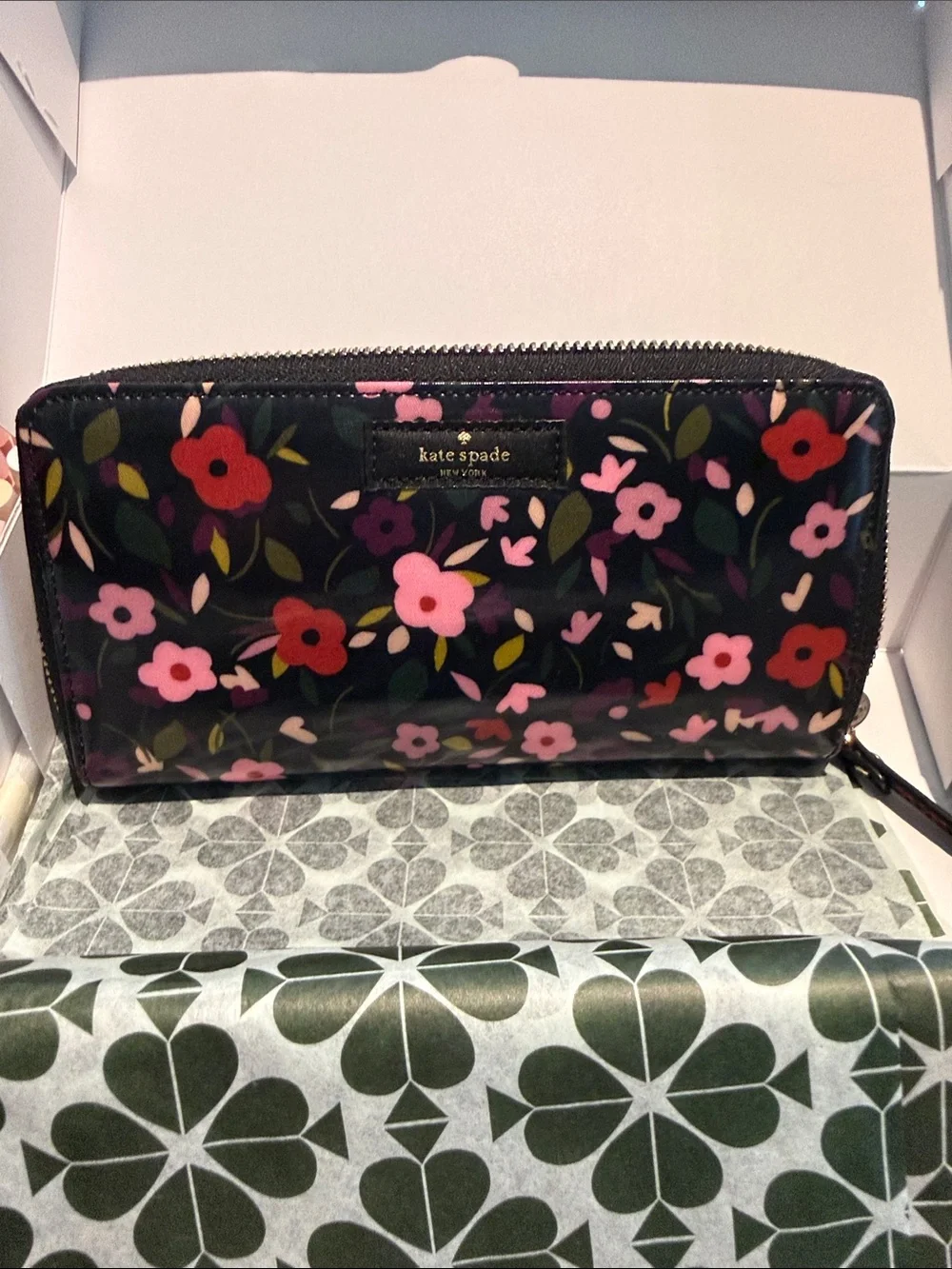 Kate Spade Black Floral Wallet w/ Pink & Red Blooms